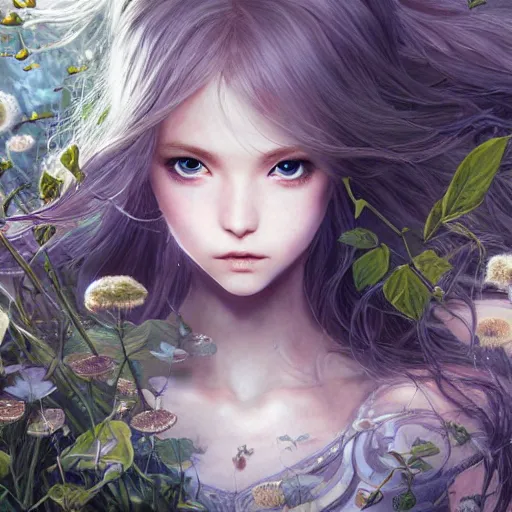 Prompt: character portrait of a fantasy princess with gorgeous detailed eyes and gorgeous detailed hair on the ground of a light forest, color page, tankoban, 4 k, tone mapping, akihiko yoshida, james jean, andrei riabovitchev, marc simonetti, yoshitaka amano, long hair, curly