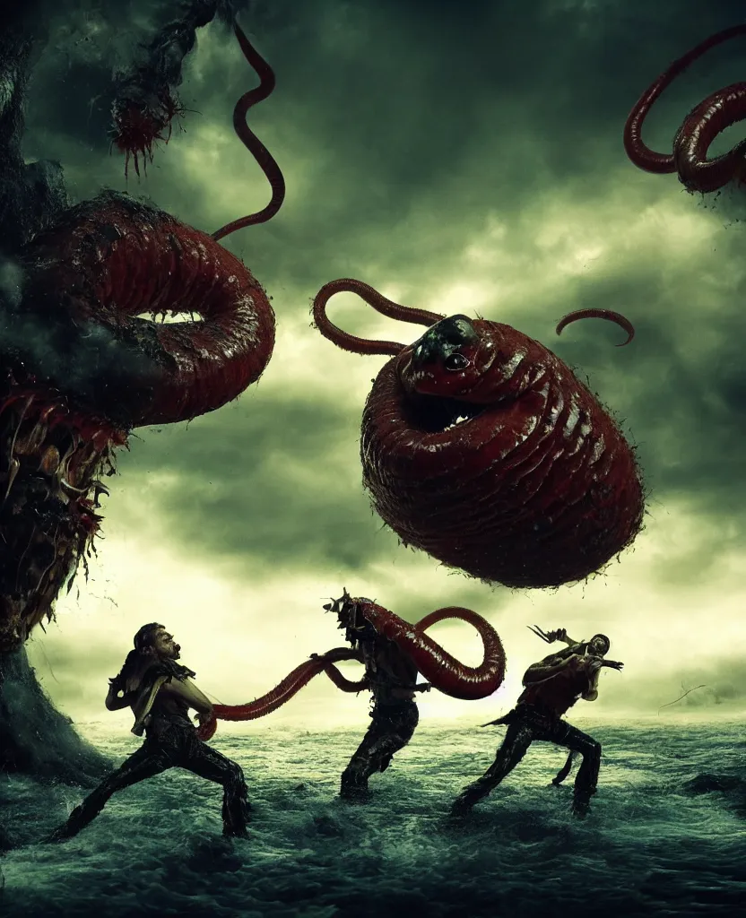 Image similar to pirates fighting giant screaming worm, cinematic atmosphere, maximized, high detail, 8k, ornate, dark fantasy, masterpiece, complex, film still from the movie directed by Denis Villeneuve