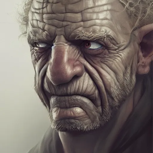 Image similar to a detailed matte head - on portrait painting of an ugly old hobbit man, with a large scar and missing teeth portrait by charlie bowater, lise deharme, wlop, tending on arstation, dungeons and dragon, dnd, pathfinder, fanart, oil on canvas