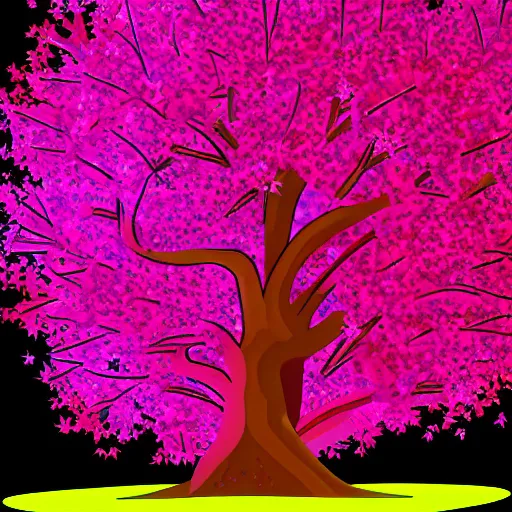 Image similar to cartoon background of a thick tree with pink glowing leaves hanging down