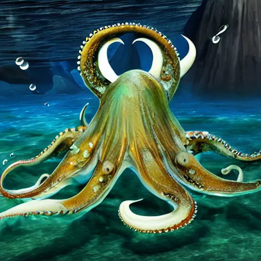 Image similar to realistic ocean monster octopus 4 k ultra athmospheric volumetric foto realistic