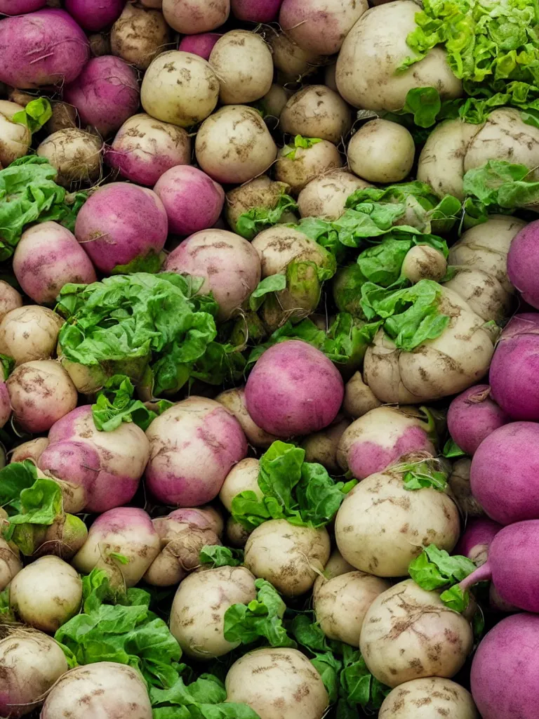 Prompt: a photorealistic turnips and rutabagas, farmer's market setting, vivid colors, soft lighting, atmospheric, cinematic, 8k