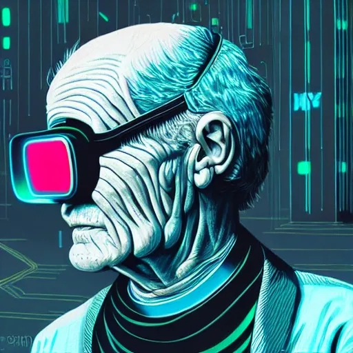 Image similar to Colour Photography of 1000 years old man with highly detailed 1000 years old face wearing higly detailed cyberpunk VR Headset. in style of Josan Gonzalez