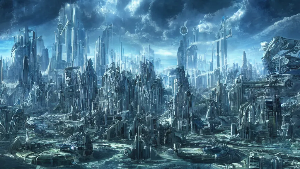 Image similar to a futuristic sci - fi city skyline's in the style of atlantis : the lost empire ( 2 0 0 1 )