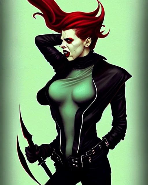 Image similar to rafael albuquerque comic art, art nouveau, peter mohrbacher, artgerm, pretty scarlett johansson vampire sharp vampire teeth open mouth, symmetrical eyes, black leather jacket, jeans, long blonde hair, full body