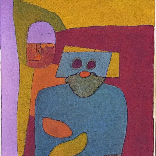 Image similar to paul klee painting of beard grandpa taking a photo to a baby girl