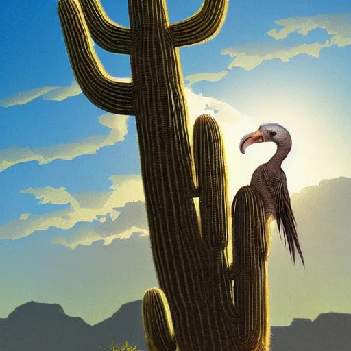 Image similar to A Dodo bird perched atop a Saguaro cactus in the desert, digital art, trending on Artstation, high detail, sharp focus, illustration, art by artgerm and greg rutkowski and alphonse mucha.