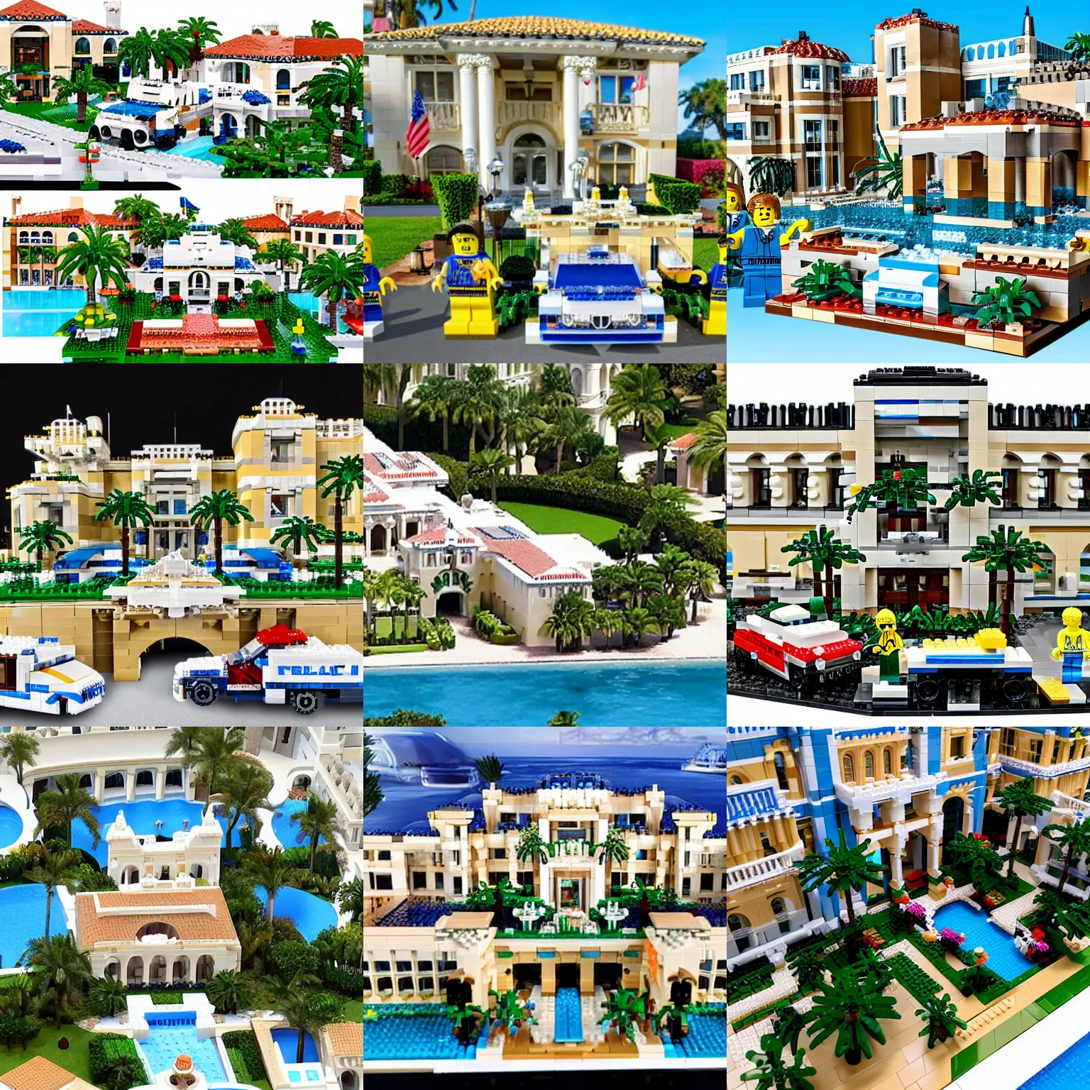 Prompt: mar - a - lago mediterranean - style villa florida palm beach mansion fbi police vehicle raid lego set laid out