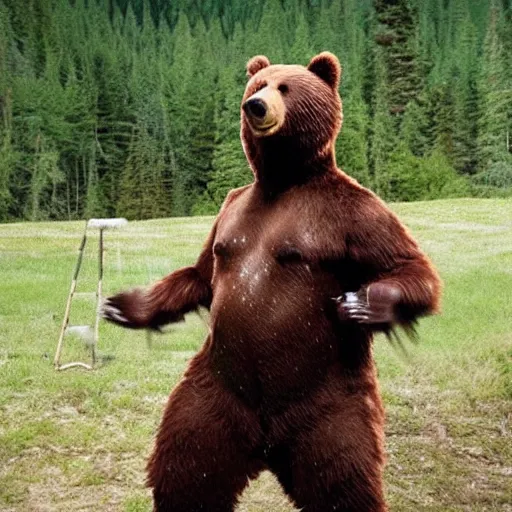 Image similar to film still of bear grylls dressed as a bear at a bbq grill party