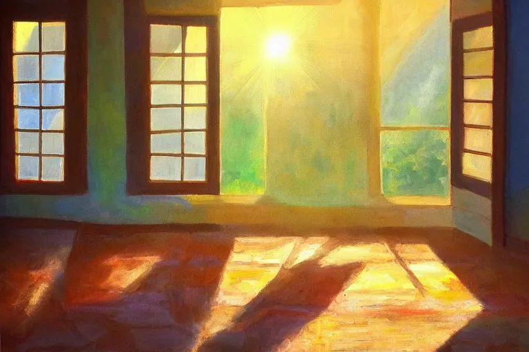 Prompt: rays of the morning sun shining through the window of the village house. very beautiful, clear sky, warm shiny colors, oil painting