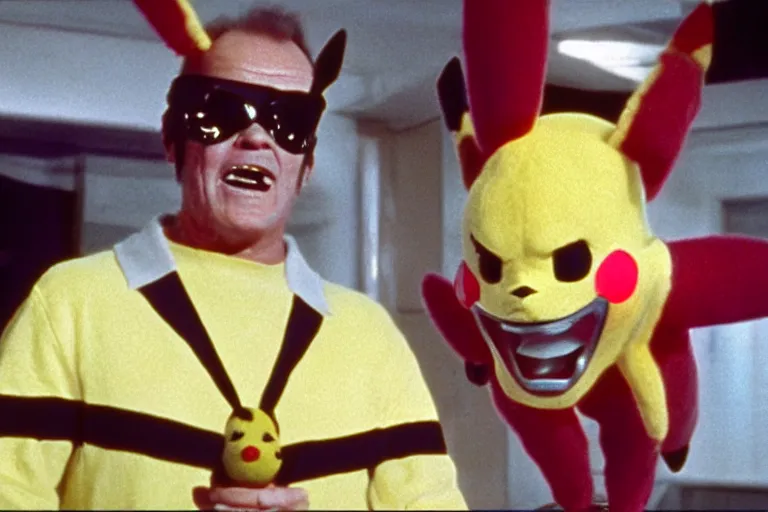 Image similar to Jack Nicholson in costume of Pikachu Terminator scene where his endoskeleton gets exposed and his eye glow red still from the film