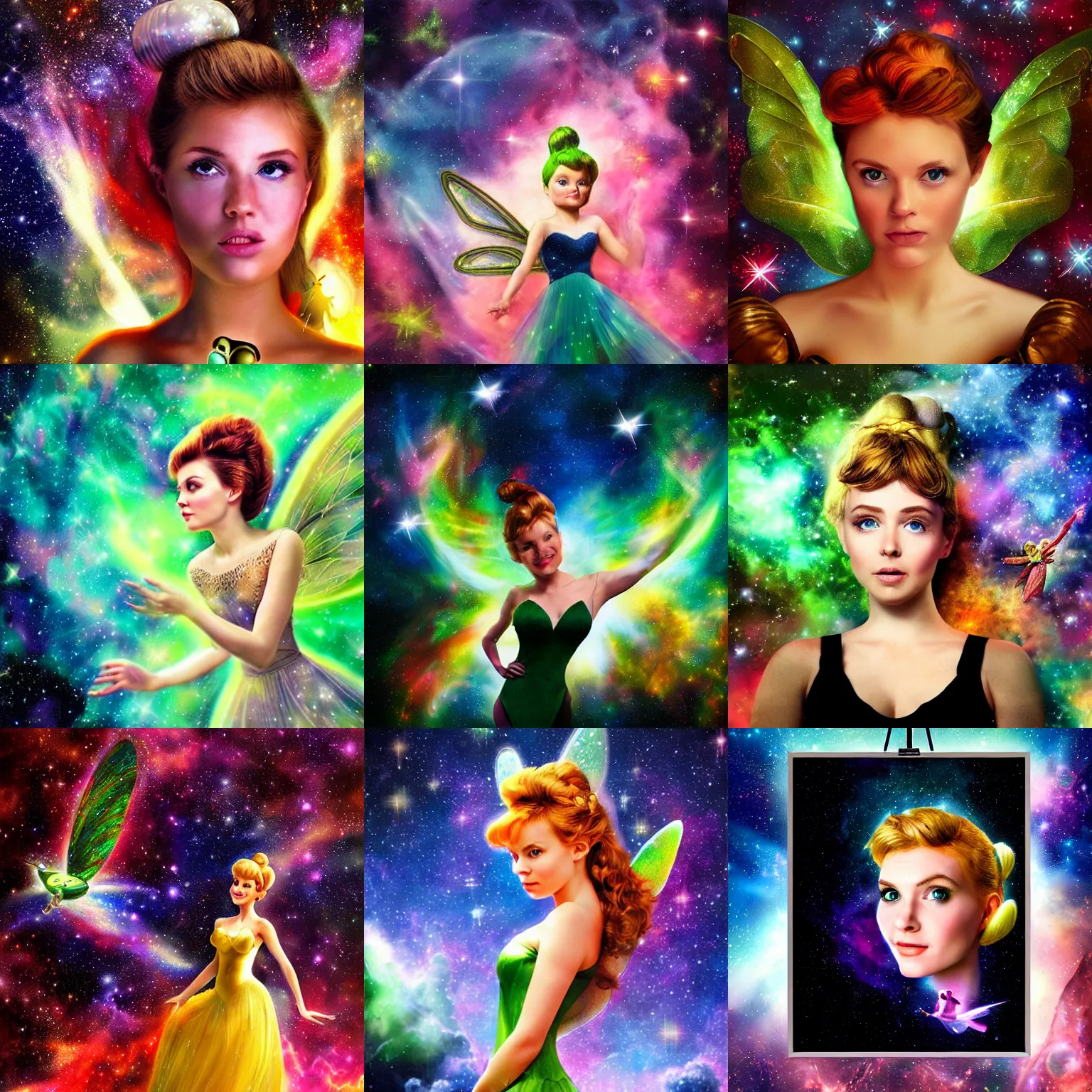 Prompt: portrait of Tinker Bell in the space with nebulae, realistic painting, high definition, digital art, matte painting, very detailed, realistic