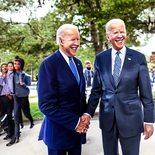 Image similar to A portrait photo of joe biden teams up with a teenage joe biden, perfect faces, 50 mm, award winning photography