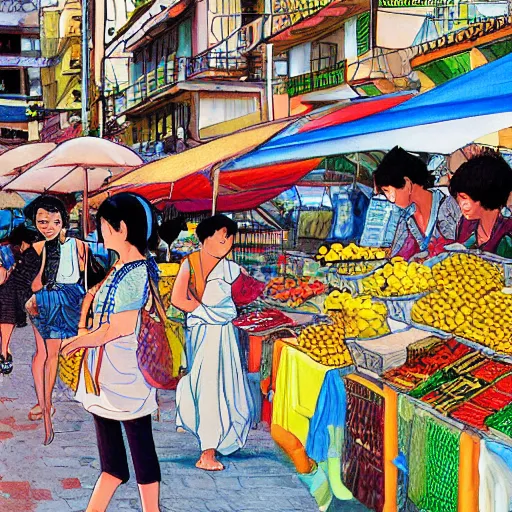 Prompt: prosperous markets in salvador bahia Brazil artwork by Hayao Miyazaki