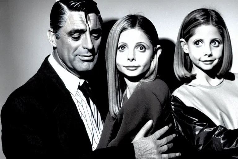 Image similar to cary grant as giles in buffy the vampire slayer, along side sarah michelle gellar 1 9 9 8