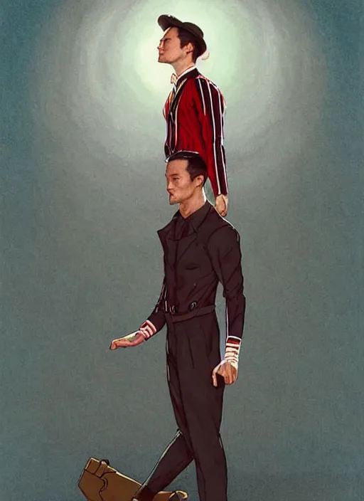 Image similar to joseph gordon - levitt joseph gordon - levitt!!!, joseph gordon - levitt jgl josephgordonlevitt wearing a 1 9 2 0 s red striped outfit, from scene from twin peaks by michael whelan, tomer hanuka, rossetti bouguereau, artgerm, retro, nostalgic, old fashioned