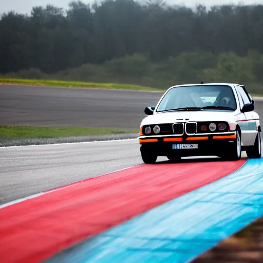 Prompt: a rolling shot of a modified bmw e 3 0 with lights on, on a street race track, motion blur, 1 5 0 mm lens