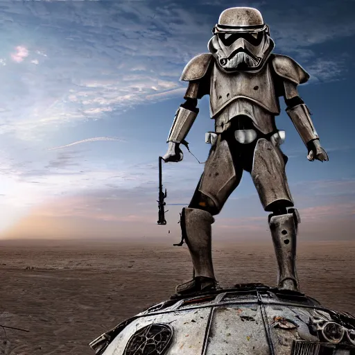 Prompt: battle damaged Steampunk stormtrooper standing on top of a derelict spaceship in the desert, high detail, 8k,