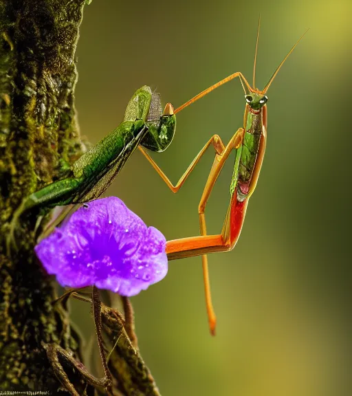 Image similar to super macro photo of a golden iridescent praying mantis on a flower in a forest. dof. bokeh. magical atmosphere. art by greg rutkowski. lifelike. very detailed 8 k. intricate. soft light. nikon d 8 5 0.