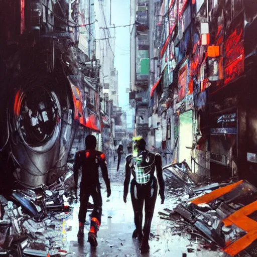 Prompt: a full-metal neon robot sobs when seeing the devastation of cyberpunk La Moneda in Santiago of Chile, oil on canvas by Yoji Shinkawa and Esao Andrews