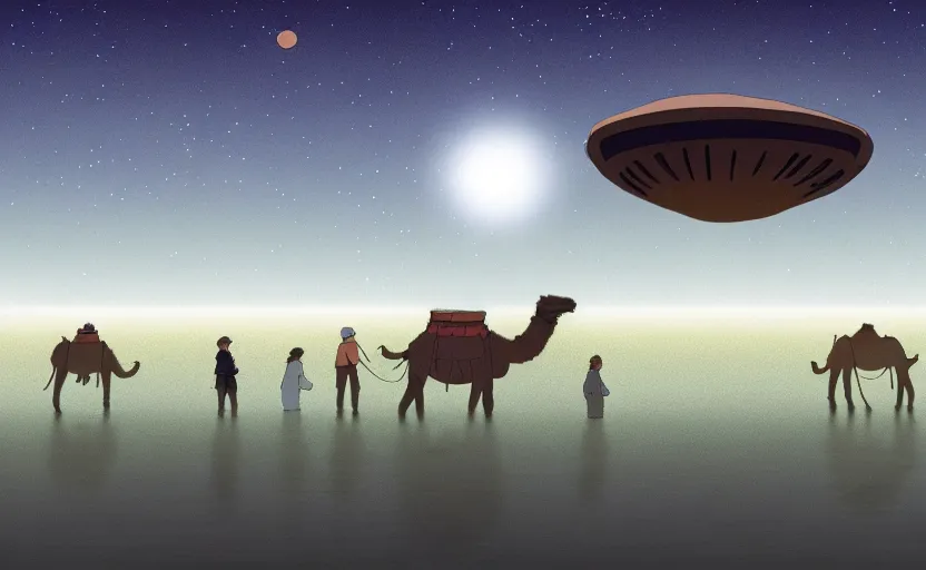 Image similar to a cell - shaded studio ghibli concept art of a hovering ufo shining a spotlight on a camel caravan in a flooded stonehenge desert on a misty starry night. very dull colors, hd, 4 k, hq