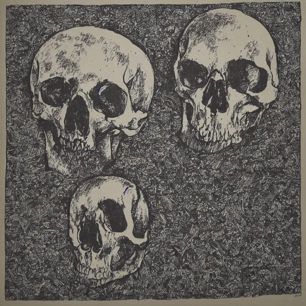 Image similar to blockprint of a skull