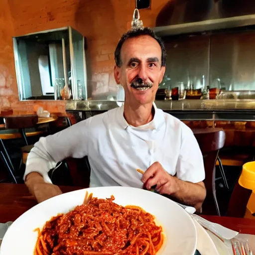 Image similar to Luigi at the restaurant with a plate of bolognese spaghetti