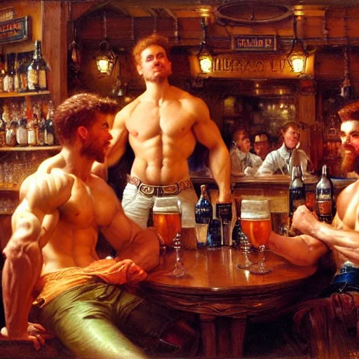 Image similar to attractive muscular mike with ginger hair with muscular attractive tyler with brunet hair, drinking their hearts out, in a pub. very defined and highly detailed painting by gaston bussiere, j. c. leyendecker, craig mullins 8 k