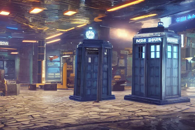 Prompt: tardis in cyberpunk 2 0 7 7