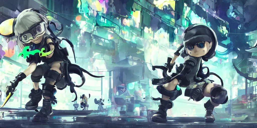 Image similar to splatoon nintendo one character digital painting no blur, concept art, character sheet nier automata 2 d, yoji shinkawa, yoshitaka amano, tsutomu niehi, cyberpunk, trending on artstation, featured on pixiv, hyper detail, cinematic composition, 8 k