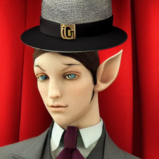 Image similar to an elf in a suit, gatsby hat, detailed portrait, detailed face, perfect lighting hd, 4 k, realistic