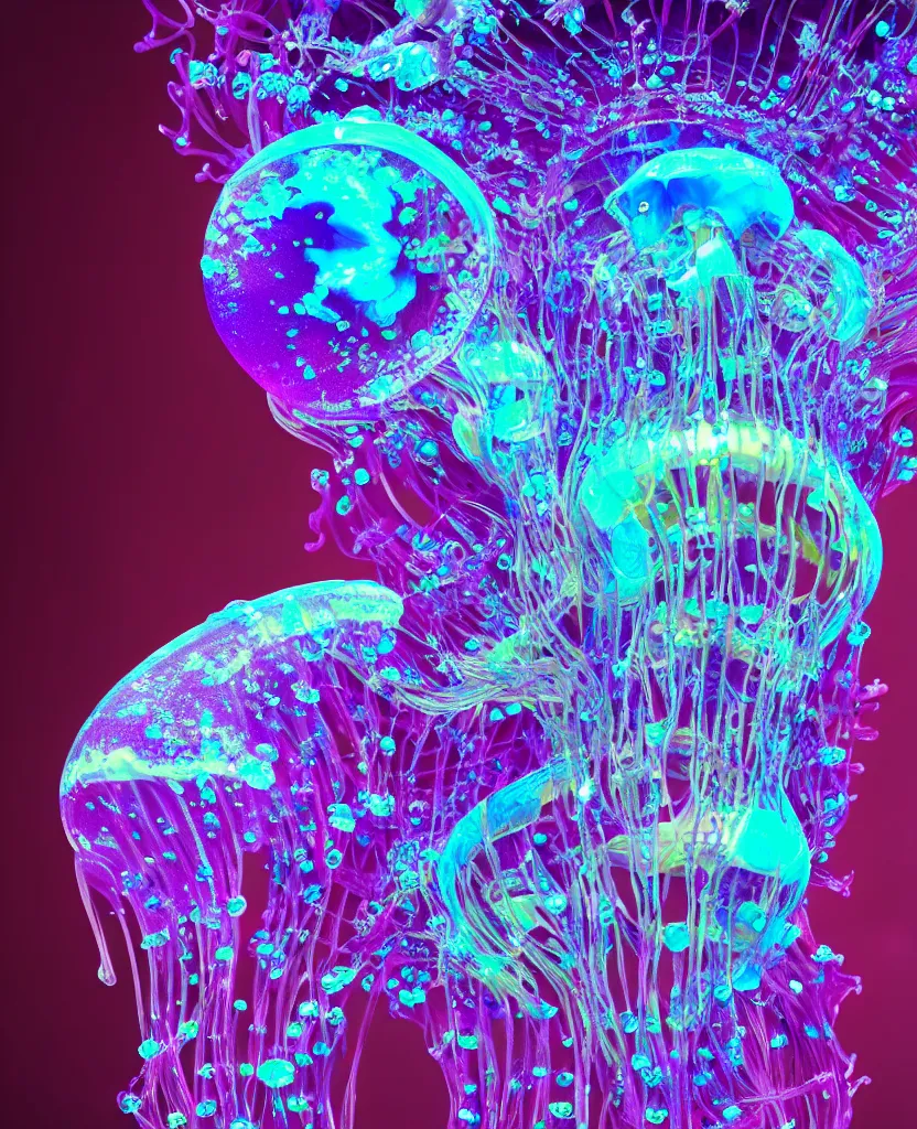 Image similar to close-up portrait of skull dichroic orchid jellyfish skull, betta fish, bioluminiscent creatures, intricate artwork by Tooth Wu and wlop and beeple. octane render, trending on artstation, greg rutkowski very coherent symmetrical artwork. cinematic, hyper realism, high detail, octane render, 8k