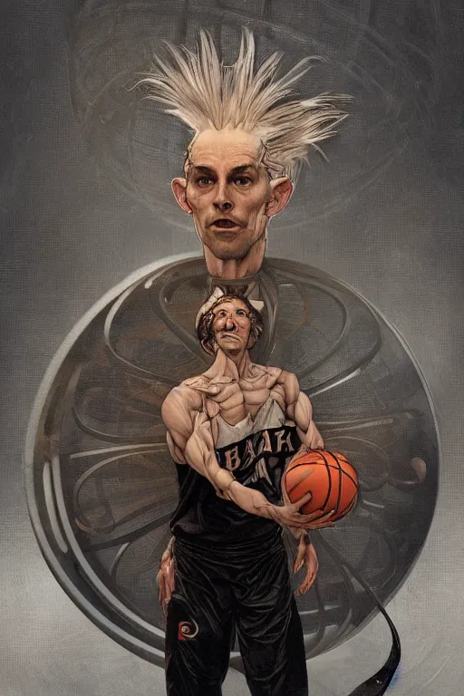 Image similar to basketball! monster!, surreal 4k HD digital full body portrait of humanoid basketball, white hair mohawk, black paper, b-ball! monster, arms and legs on spherical humanoid creature!, by Alphonse Mucha, Craig Mullins, Marc Simonetti, Artstation