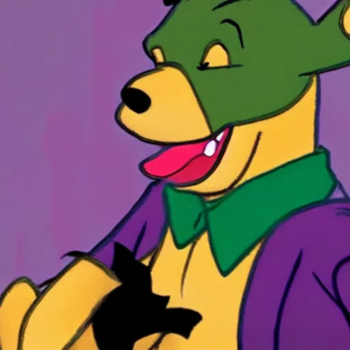 Image similar to winnie the pooh as the joker from batman, winnie the pooh cast as the joker