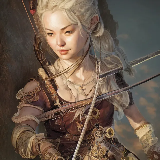 Image similar to the portrait of lawful neutral semi - colorful female archer huntress as absurdly beautiful, gorgeous, elegant, young girl, an ultrafine hyperdetailed illustration by kim jung gi, irakli nadar, intricate linework, bright colors, octopath traveler, final fantasy, unreal engine 5 highly rendered, global illumination, radiant light, detailed and intricate environment