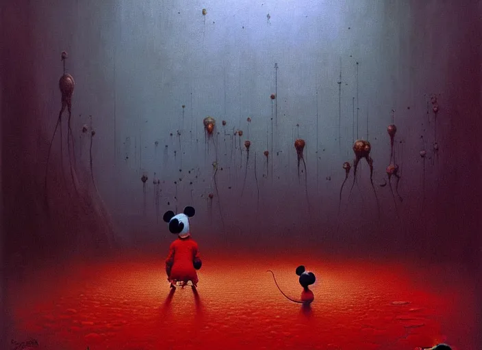 Image similar to painting of life of mickey mouse, by zdzislaw beksinski, by dariusz zawadzki, by wayne barlowe, gothic, surrealism, cosmic horror, lovecraftian, cold hue's, warm tone gradient background, concept art, beautiful composition