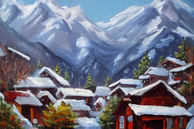 Image similar to beautiful snow mountain village, oil painting, oil in canvas, brushstrokes