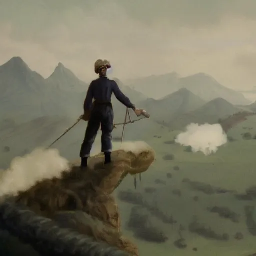 Prompt: matte painting of man holding steam deck gazing down from ivory tower at peasants