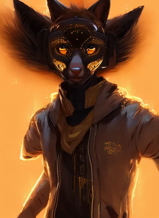 Image similar to award winning beautiful portrait commission of a male furry anthro melanated fox fursona with a tail and a cute beautiful attractive detailed furry face wearing stylish black and gold cyberpunk clothes in a cyberpunk city at night while it rains. Character design by charlie bowater, ross tran, artgerm, and makoto shinkai, detailed, inked, western comic book art