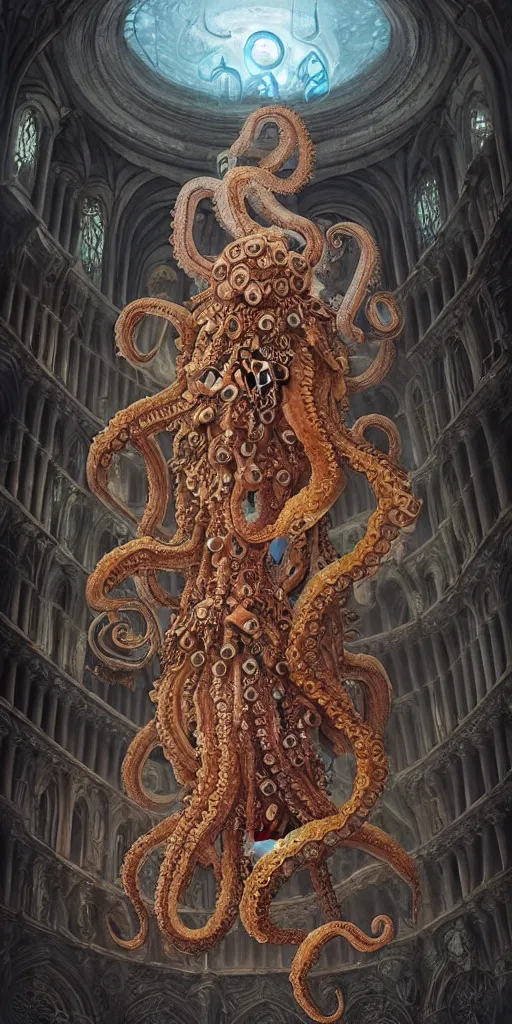 Image similar to high ranked mage with big octopus head and a lot of translucent jellyfishes floating around inside an ancient mage castle hall colossal scale, gothic and baroque, brutalist architecture, ultradetailed, Intricate by Ellen Jewett and Josan Gonzalez and Giuseppe Arcimboldo