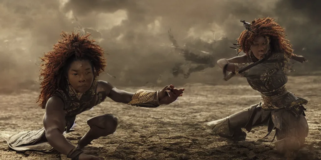 Image similar to a film still of a black woman starring in a japanese blockbuster film as ancient samurai, levitating mid air, intense, shallow depth of field, cinematic, award winning cgi, vfx, film still