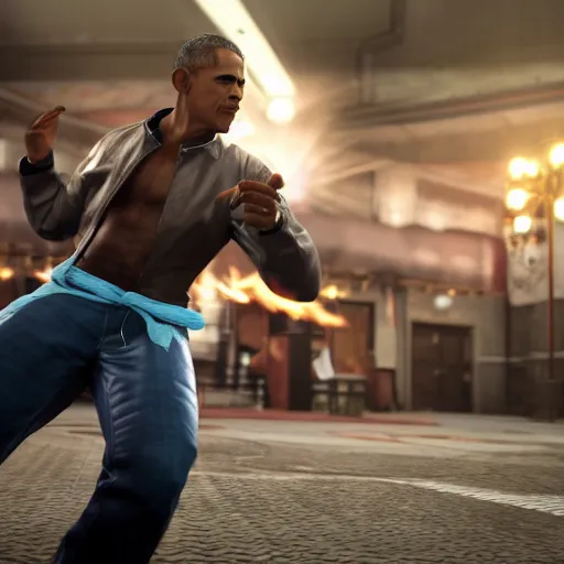 Prompt: Obama in Tekken 7, Videogame, 40nm lens, shallow depth of field, split lighting