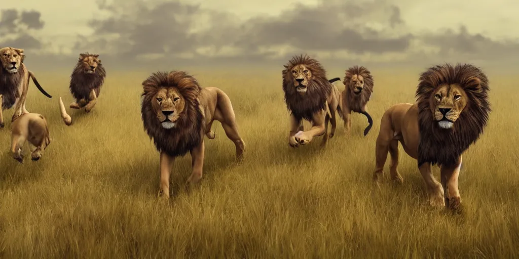 Image similar to a pack of dogs with lion ears and tails running through the savanna, fantasy, epic scene, illustration, trending on artstation, photoreal