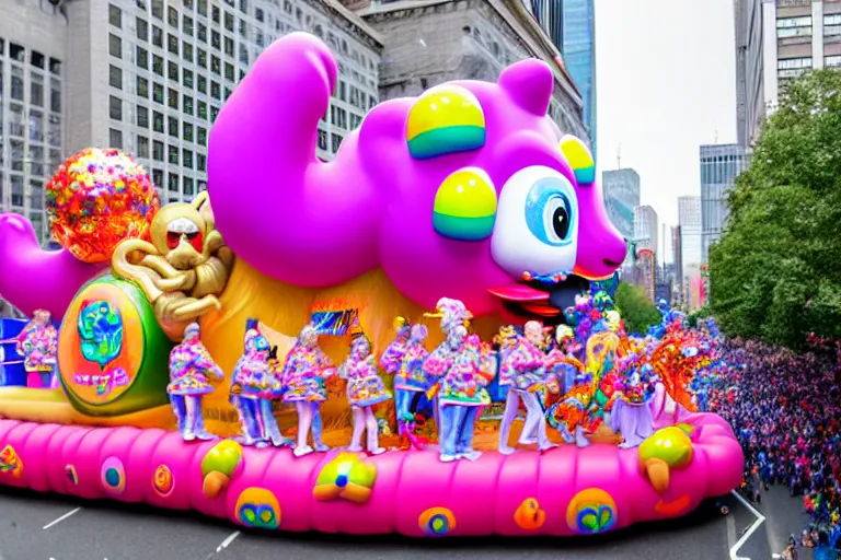 Image similar to photo of giant cute elaborate parade float character designed by ( ( ( ( ( ( ( ( lisa frank ) ) ) ) ) ) ) ) and bosch!!!!!!!!!!!!!!, in the macys parade, detailed 4 k photo,