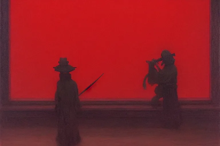 Image similar to only with red, a red samurai harakiri, tokio, a lot of frogs watch, in the style of beksinski, parts by edward hopper, parts by rodcenko, parts by yue minjun, intricate and epic composition, red by caravaggio, insanely quality, highly detailed, masterpiece, red light, artstation, 4 k