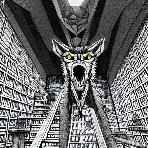 Image similar to a huge howling angry wolf in a huge bright maze of many doorways and lots of stairs, many doorways, inside MC Escher architecture, artstation, Junji Ito, epic composition, detailed background