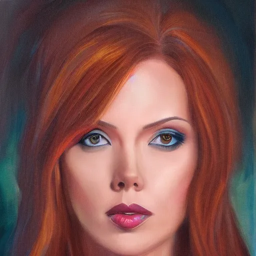 Prompt: beautiful Natasha Romanova, portrait painting, oil on canvas, no text, digital art