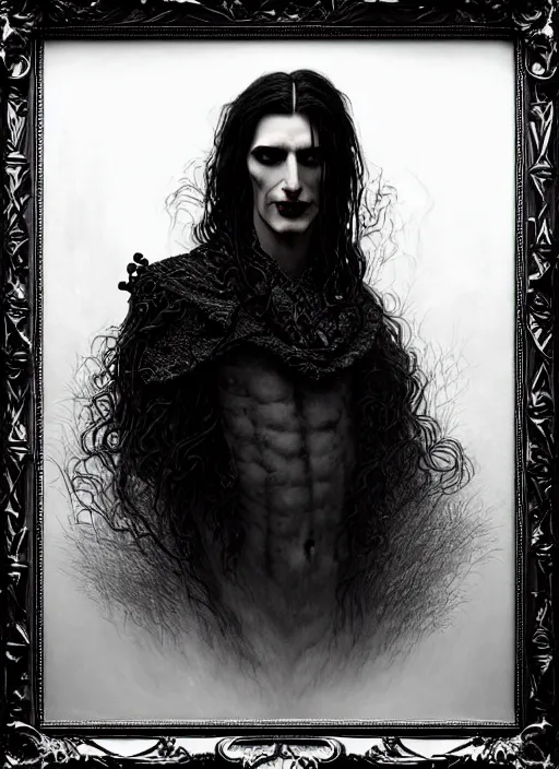 Image similar to highly detailed oil painting | very intricate | cinematic lighting | black, white and blood color scheme, dark background | portrait of a exquisite beautiful vampire man with long elegant tangles of black hair, eyes, gothic fog ambience, hyper realistic head, fantasy victorian art, in the style of greg rutkowski, zdizslaw beksinski, intricate, alphonse mucha