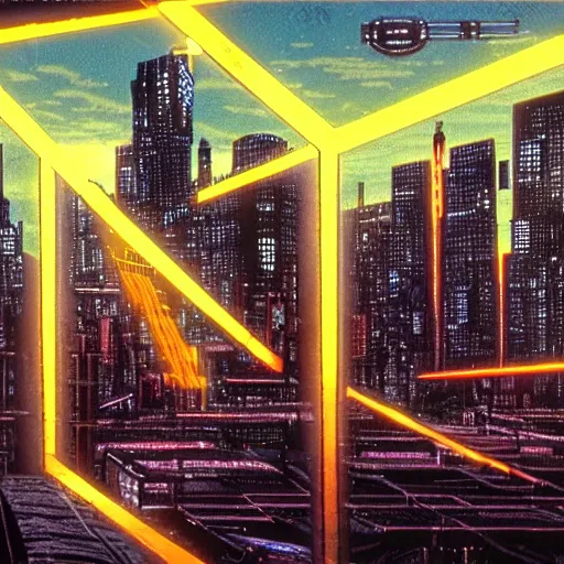 Prompt: 90's cyberpunk skyline, monolithic megastructures, beams of light, in the style of Johnny Mnemonic