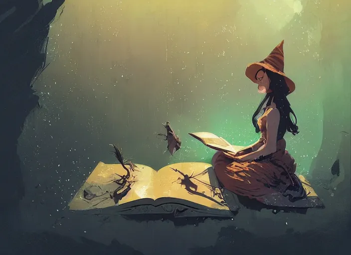 Image similar to a little witch opening a book of magic art by craig mullins, james gilleard, by joe fenton, by greg rutkowski, by greg tocchini, by kaethe butcher, 4 k resolution, gradient yellow, black, brown and cyan color scheme, grunge aesthetic!!!